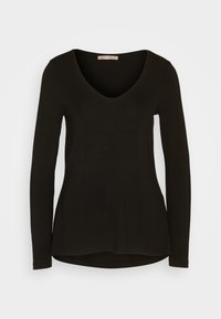 Long-sleeve, V-neck black top made from a smooth, stretchy fabric; features a rounded hem and fitted silhouette.