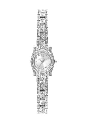 Orologio da polso Michael Kors tono argento con maglie incastonate di cristalli e quadrante rotondo che mostra quadrante argento e numero romano a ore 12.