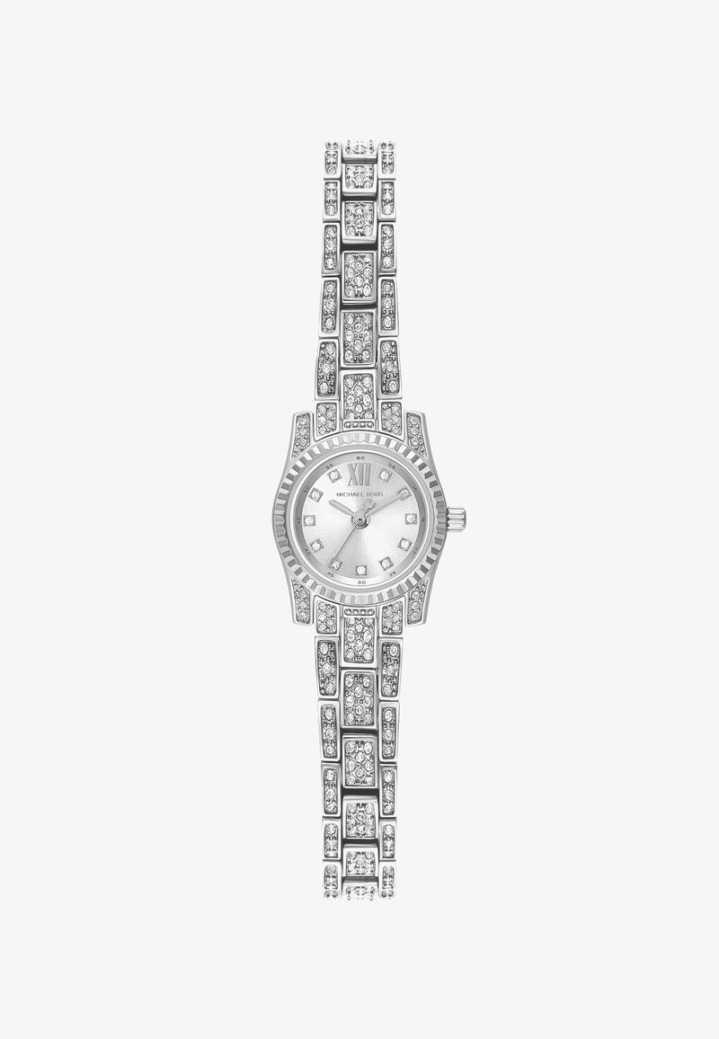Sølvfarvet Michael Kors armbåndsur med krystalklædte led og rund urskive med sølvskive og romersk tal ved kl. 12.