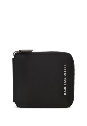 Portafoglio nero con cerniera, texture liscia e logo KARL LAGERFELD in lettere argentate nell'angolo in basso a destra davanti.