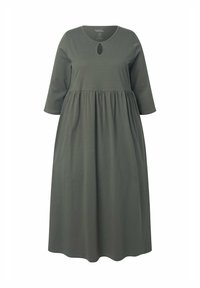 Khaki-grön bomullsklänning med rund halsringning och nyckelhålsdetalj, trekvartslånga ärmar och en lös, rynkad kjol.