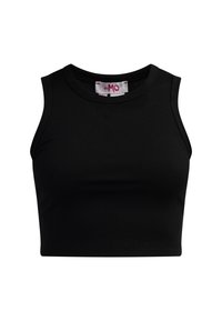Fekete bordás crop top, kerek nyakkivágással és ujjatlan fazonnal. A nyaknál márkás címke található. Sima textúra.