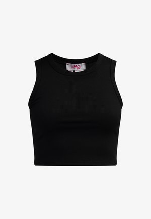 Black ribbed crop top with a round neckline and sleeveless design. Features a branded tag inside at the neck. Smooth texture.