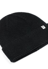 Black knitted beanie with a folded cuff, featuring a textured pattern and a small, white branded label on the side.