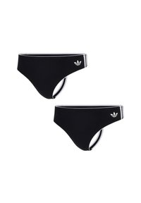 Svarta bikinibyxor med vita ränder och adidas-logotyp. De har en högskuren design och elastisk midja för en säker passform.
