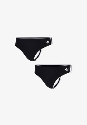 Set di bikini e crop top sportivo neri con strisce e loghi bianchi, caratterizzato da un design aderente e una texture liscia.