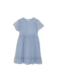 Helles blaues Kleid mit kurzen Flügelärmeln, geraffter Taille und gestuftem Rock. Verfügt über ein dezentes Punktmuster und einen Reißverschluss auf der Rückseite.