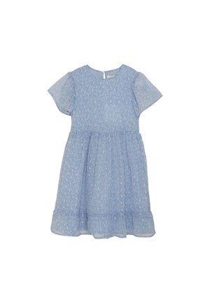 Lichtblauwe jurk met korte vlindermouwen, gathered taille en gelaagde rok. Heeft een subtiel gestippeld patroon en een rits aan de achterkant.