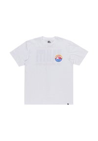 White short-sleeve T-shirt made of cotton, featuring a colorful circular logo with waves and a mountain design at the chest.