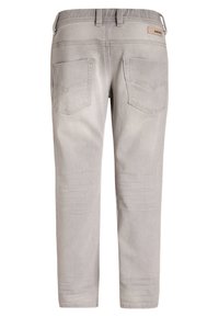 Ljust grå denimbyxor med rak passform, försedda med två bakfickor med subtila sömnadsdetaljer och en elastisk midja för komfort.