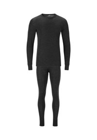 Zwarte thermische top met lange mouwen en bijpassende legging, aansluitend ontwerp met lange mouwen, ronde halslijn en textuurstof.
