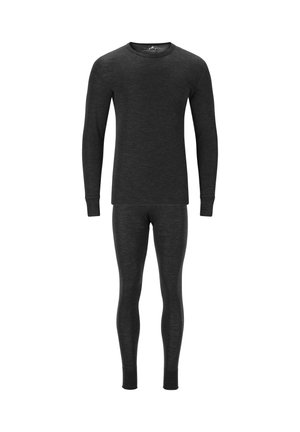 Musta pitkähihaine thermo-paita ja siihen sopivat leggingsit, istuva malli pitkillä hihoilla, pyöreällä kaula-aukolla ja teksturoidulla kankaalla.