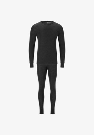 Black long-sleeve thermal top and matching leggings, fitted design with long sleeves, rounded neckline, and textured fabric.