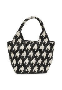 Kabelka s korálky s černo-bílým vzorem psa zubatého, zaoblenými uchy a strukturovaným povrchem. Kompaktní tvar s otevřeným vrchním designem.