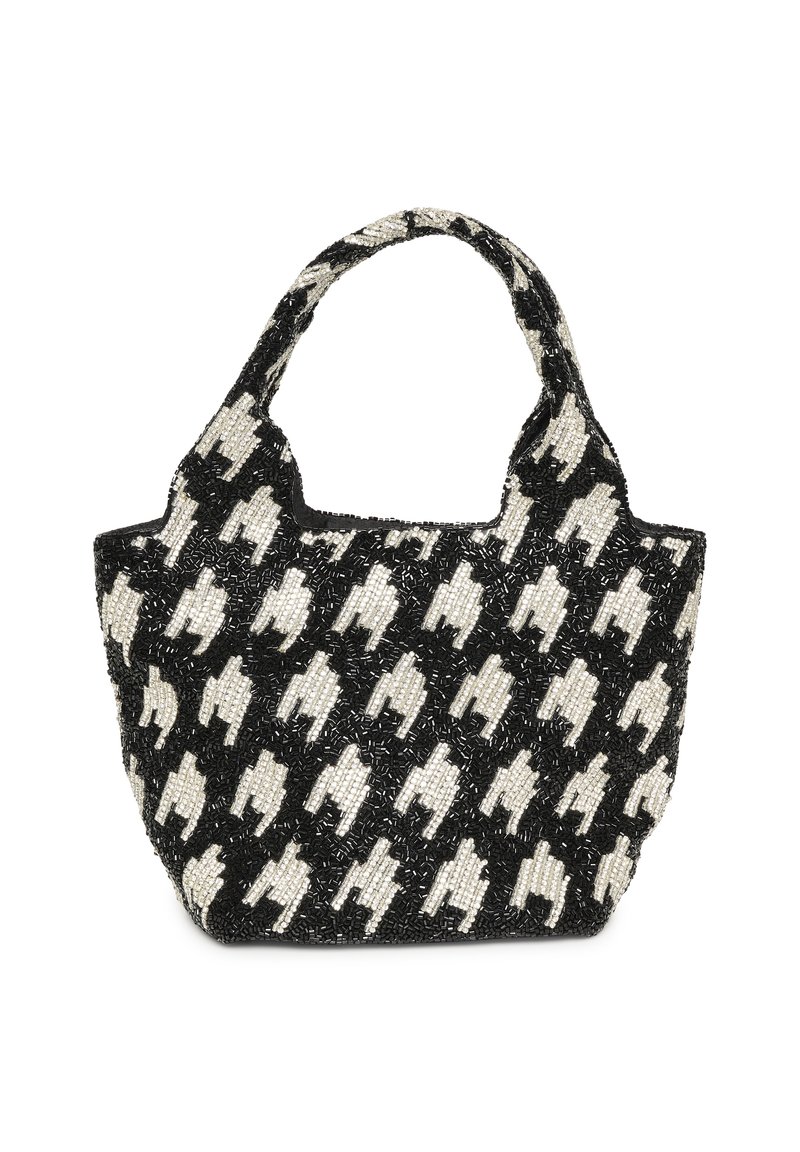 Kabelka s korálky s černo-bílým vzorem psa zubatého, zaoblenými uchy a strukturovaným povrchem. Kompaktní tvar s otevřeným vrchním designem.