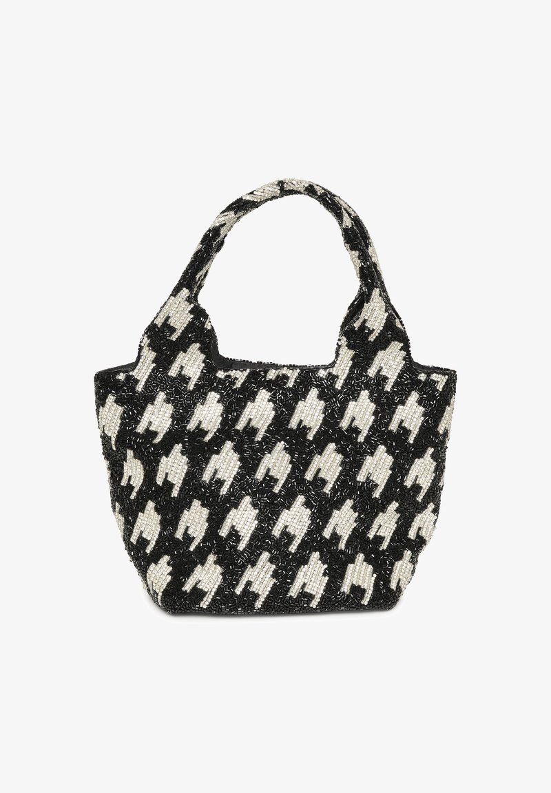 Kabelka s korálky s černo-bílým vzorem psa zubatého, zaoblenými uchy a strukturovaným povrchem. Kompaktní tvar s otevřeným vrchním designem.