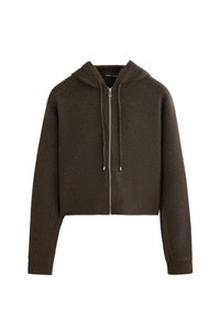 Hanorac scurt de culoare maro cu fermoar, glugă cu șnur și tivuri și mansete ribbed. Fabricat dintr-un material moale și texturat.