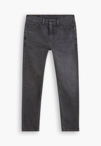 Jeans de denim negro con pierna recta, cinco bolsillos y lazos para cinturón. Presentan un ligero desgastado y una textura suave. El color principal es gris oscuro.