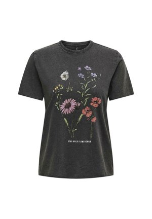 Tamsiai pilkos spalvos medvilninė marškinėlių su trumpomis rankovėmis su spalvingais gėlių raštais ir tekstu "BŪK NENUSLĖPTA ŽIEDŲ MERGAITĖ" apačioje. Apvalus kaklas.