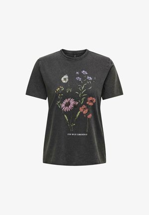 Tricou grafic din bumbac gri închis, cu imprimeuri florale colorate, având textul "RĂMÂI LIBER, COPIL DE FLOARE" în partea de jos. Mâneci scurte, gât rotund.