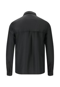 Zwarte lange mouwen shirt gemaakt van een gladde, lichte stof. Bevat een klassieke kraag, een rugplooi en knoopmanchetten voor een verstelbare pasvorm.