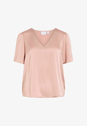 Pehme roosa satiinist lühikeste varrukatega pluus V-kaelusega ja kergelt õlgadelt kogutud detailidega, lõdvalt istuv, tootemärgilt VILA.