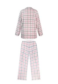 Zestaw piżam z bawełny, składający się z bluzki z długim rękawem oraz spodni z elastycznym pasem. Kolorowy wzór w kratkę w odcieniach różu, szarości i bieli. Miękka tkanina.