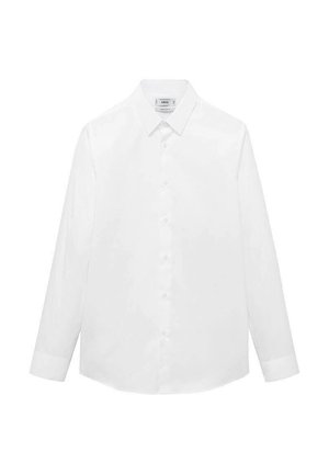 Weißes Langarmhemd aus glattem Stoff, mit klassischem Kragen, Knopfleiste und abgerundetem Saum. Minimalistisches Design ohne Muster.