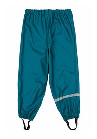 Pantalons imperméables turquoise avec une taille élastique, des poignets de cheville élastiques et une bande réfléchissante le long des jambes inférieures. Texture lisse.