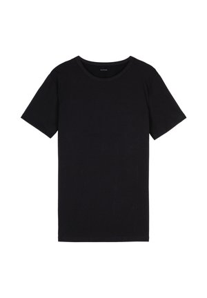 Schwarzes T-Shirt mit kurzen Ärmeln und Rundhalsausschnitt, in schlichtem Design, auf einem weißen Hintergrund flach liegend dargestellt.