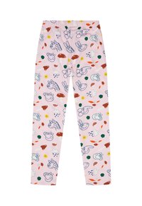 Leggings roses en tissu doux, ornés d'un motif coloré d'animaux de dessin animé, de champignons et de fleurs, avec une taille élastique.