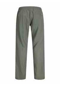 Sive, lagane hlače s elastičnom waistband, ravnim nogavicama, jednom stražnjom džepom i suptilnom teksturom.