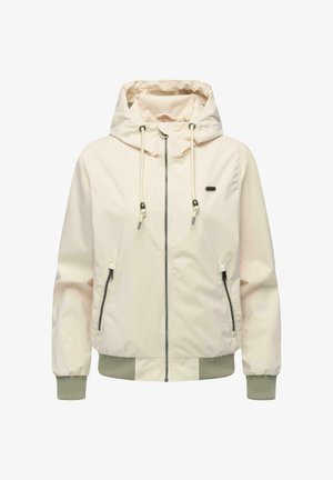 Vaaleanbeige huppari, jossa edessä vetoketju, kaksi vetoketjullista taskua, kiristysnauhat sekä vaaleanvihreät resorit hihoissa ja helmassa.