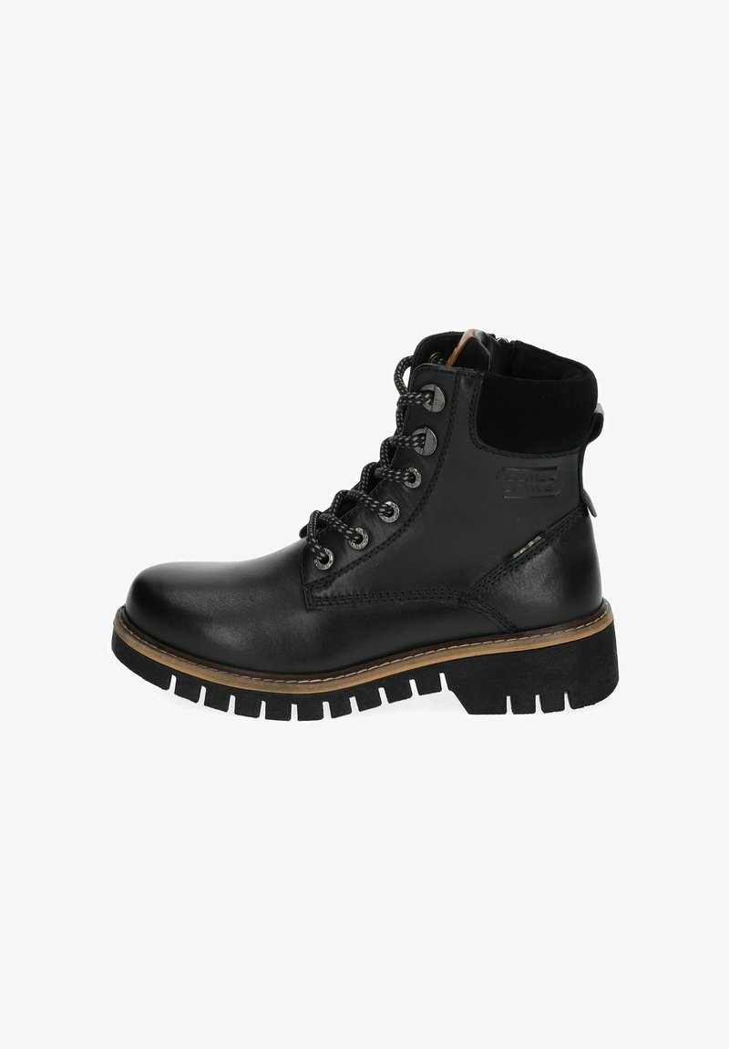 Schwarze Leder-Ankle-Boots mit einer stabilen Sohle, ausgestattet mit Metallösen, dicken Schnürsenkeln und einem Akzent aus Wildleder am Kragen. Robuste Bauweise und strukturiertes Finish.