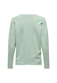 Pull vert clair à manches longues avec un large col et des bordures côtelées, vu de dos sur un fond blanc.