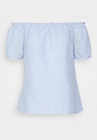 Top sem ombros em azul claro e branco com riscas verticais. Mangas curtas e bufantes, decote elástico e corte descontraído. Tecido liso e tecido.