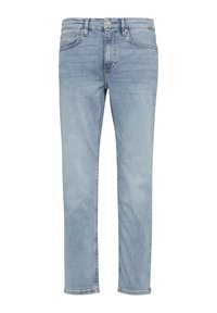 Jean bleu clair en denim, avec une coupe droite, cinq poches et des détails de décoloration subtils. Coutures bleu poussiéreux en accent.