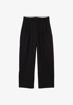 Pantaloni neri a vita alta e gambe larghe con passanti per cintura e pieghe anteriori, mostrati stesi su uno sfondo bianco.