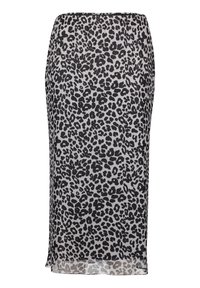 Leopardmuster-Midirock aus leichtem Stoff, mit geradem Schnitt, elastischem Bund und einem Saum mit leichter Transparenz.