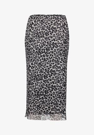 Leopard print midi skirt made of lightweight fabric, featuring a straight silhouette, elastic waistband, and a hemline with slight transparency.