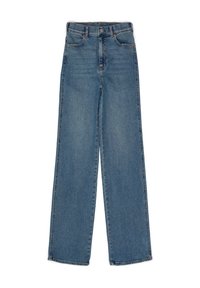 Högmidjade, raka jeans i blå denim. Har framfickor, enkel knäppning och en ren fåll. Inga synliga dekorationer.