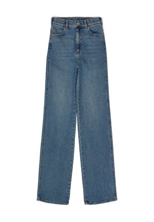 High-waisted, straight-leg jeans made of blue denim. Features front pockets, single button closure, and a clean hem. No visible embellishments.