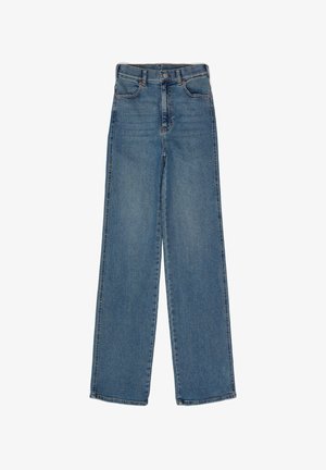 High-waisted, straight-leg jeans made of blue denim. Features front pockets, single button closure, and a clean hem. No visible embellishments.
