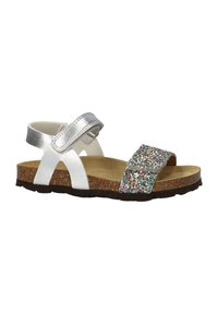 Zilveren metallic sandalen met een kurken zool, voorzien van een brede glitterband in meerdere kleuren en een klittenbandankelriem voor een verstelbare pasvorm.