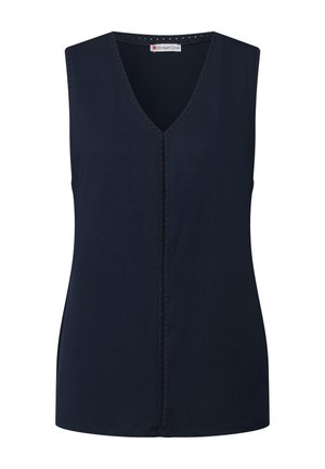 Marineblauw mouwloos topje met een V-hals en fijne kantdetails langs de halslijn. Gemaakt van een zachte katoenmix, lichtgewicht en met een casual pasvorm.