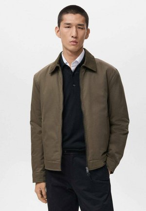 Chaqueta verde oliva con frente con cremallera, cuello de punta y textura suave; llevada sobre un suéter negro y una camisa blanca.