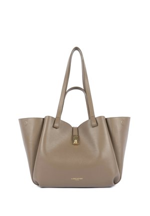 Sac cabas en cuir taupe avec doubles anses, fermoir doré et logo Lancaster Paris sur le devant.