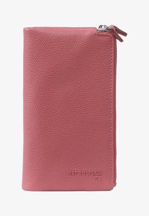 Pink leather wallet with a textured surface, zip closure, and embossed branding on the front. Vertical rectangular shape.