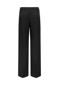 Pantalon noir ajusté à jambes larges avec passants de ceinture et deux poches passepoilées à l'arrière, présenté de dos sur un fond blanc.