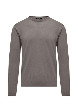 Maglione lungo marrone a maniche lunghe realizzato in un tessuto morbido, con scollatura a girocollo e polsini e orlo a coste. Design semplice e uniforme senza motivi.